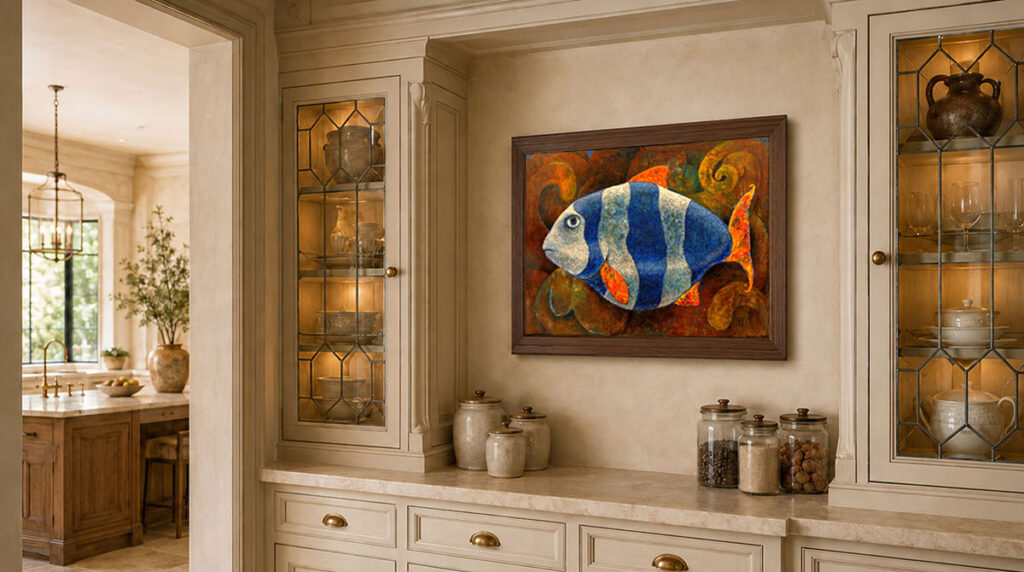 Digital placement study showing Striped Fish by Paul Cavilla in a contemporary interior