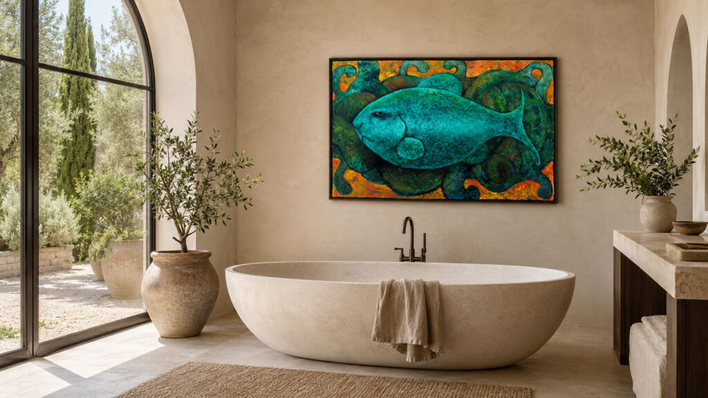 The same Mediterranean bathroom with Emerald Fish by Paul Cavilla placed above the bath