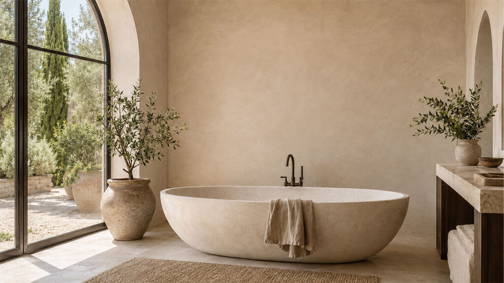 Contemporary Mediterranean bathroom before artwork is added, showing an empty wall above the bath