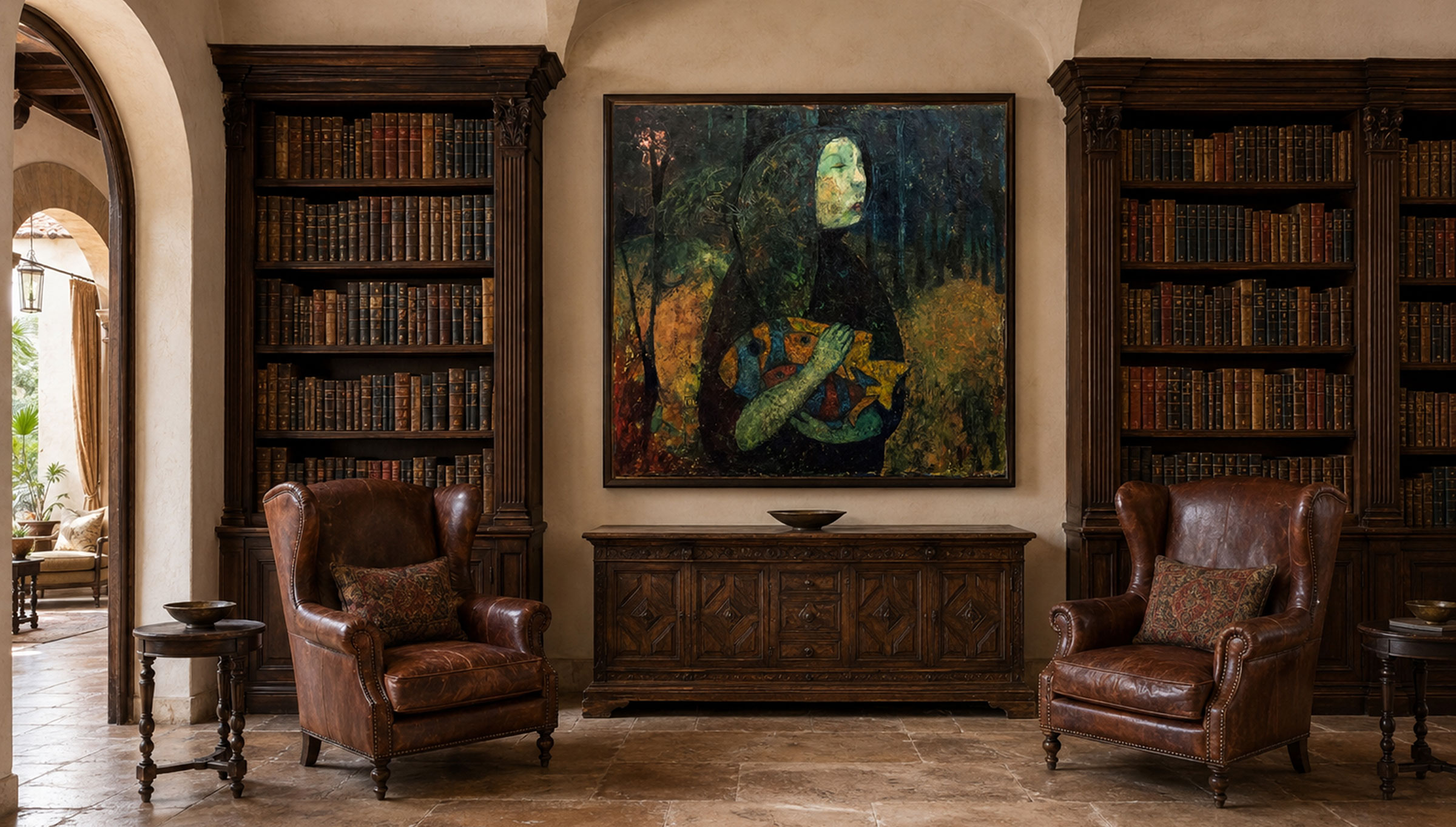 Woman with Fish by Paul Cavilla visualized as a large-scale artwork in a contemporary dining interior