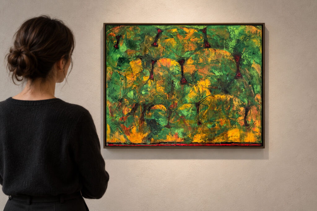 Abstract 14 by Paul Cavilla shown on a gallery wall with a spectator for scale, a display visualization