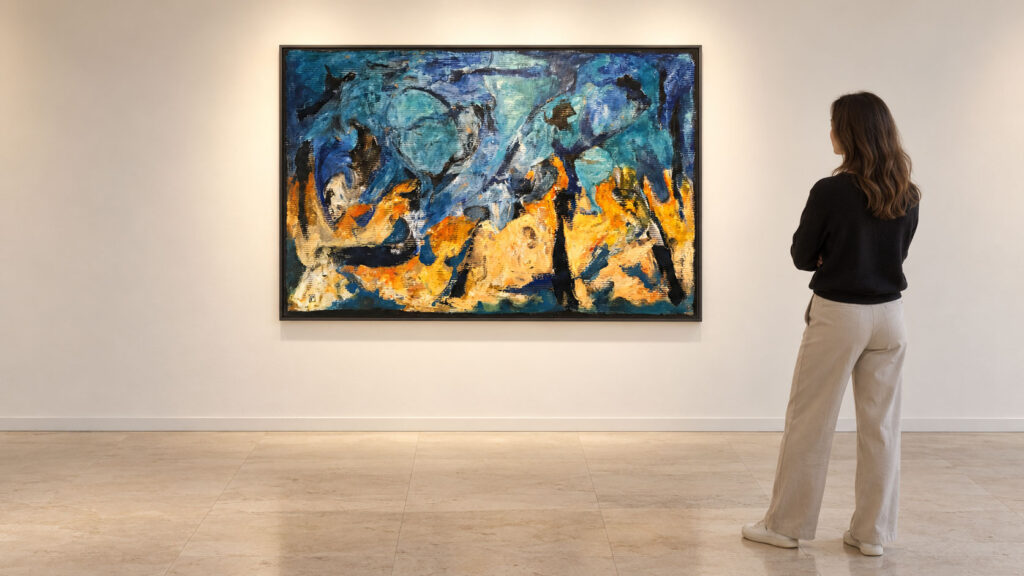 Cafe del Mar by Paul Cavilla shown on a gallery wall with a visitor in a gallery visualization