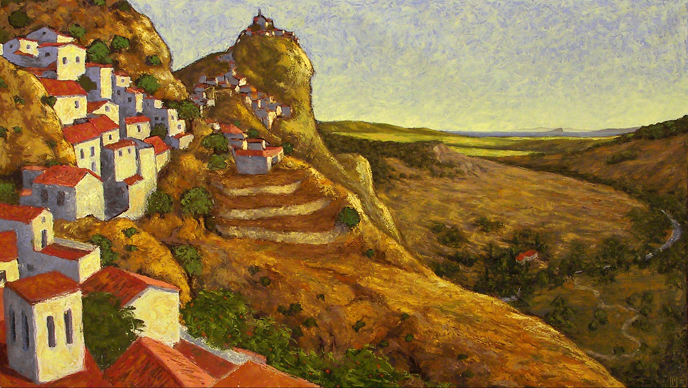 Casares by Paul Cavilla, oil on canvas, depicting a mountain village with Gibraltar in the distance