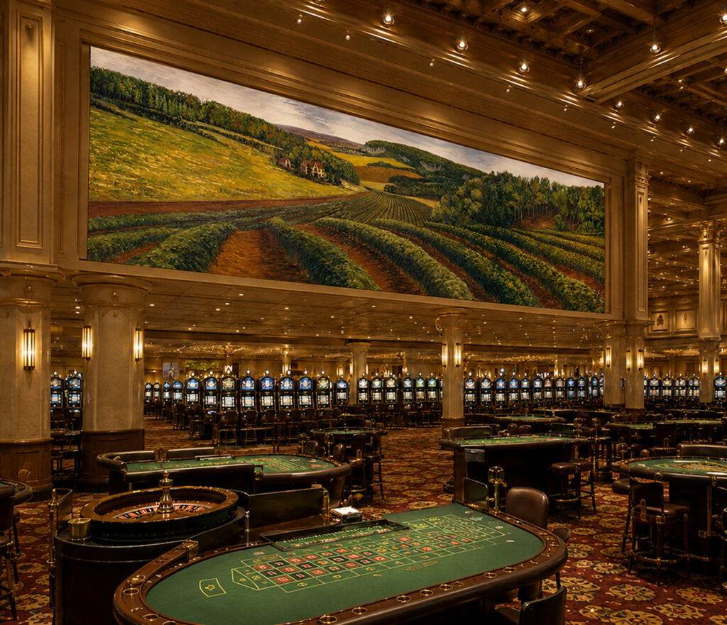 Forty-five-foot rural landscape mural by Paul Cavilla installed above the Niagara Falls Casino games room