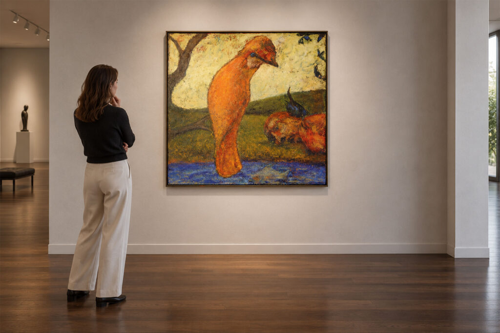 Cyclical Fish by Paul Cavilla shown on a gallery feature wall with a spectator for scale, a display visualization