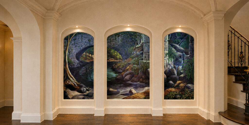 Woodland mural triptych installed within arched niches on the lower staircase landing