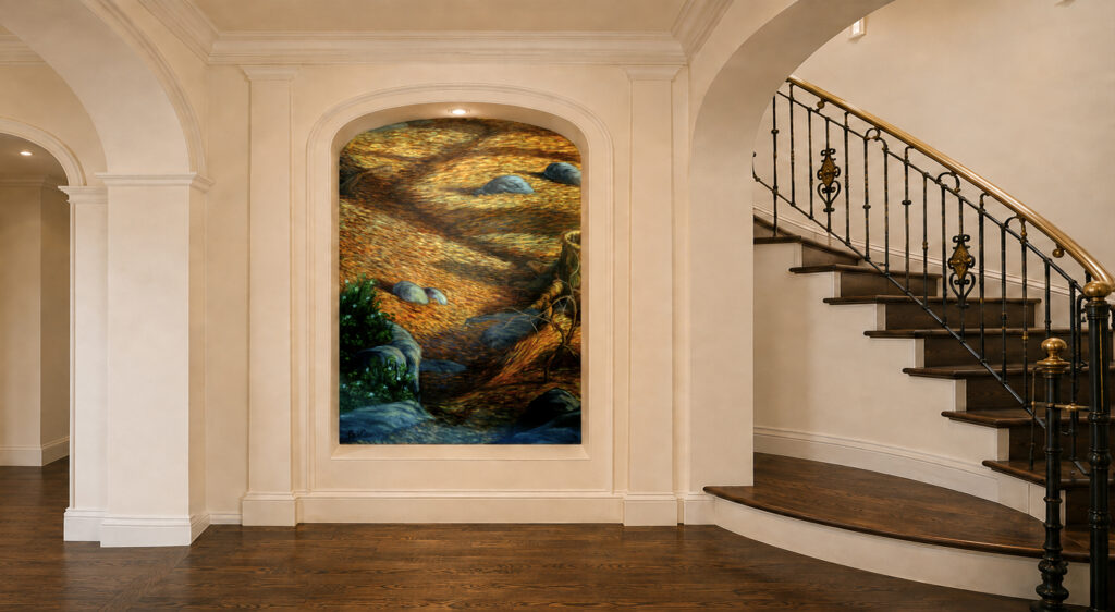 Ochre-toned intermediate mural panel installed on the middle staircase landing of a Toronto residence