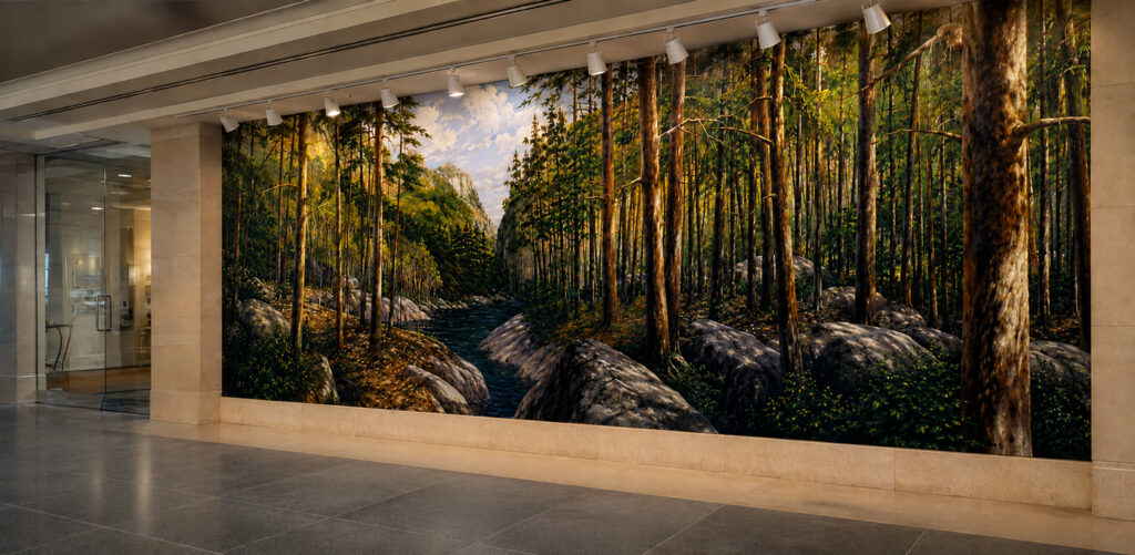 Panoramic woodland mural by Paul Cavilla installed in the Edison Centre lobby