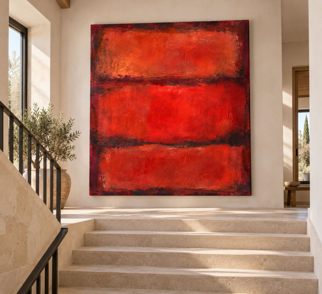 Monumental red colour-field commission installed in a contemporary Mediterranean interior