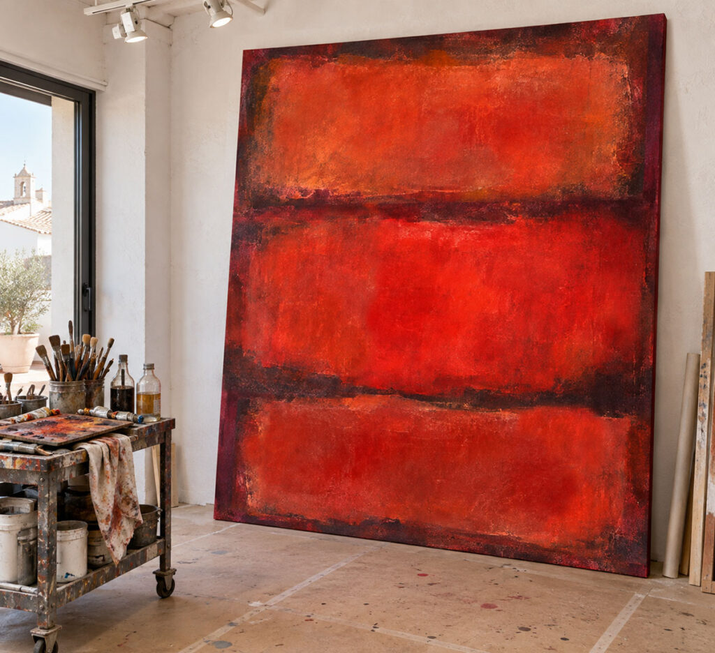 Monumental red colour-field commission on its stretcher in Paul Cavilla’s studio
