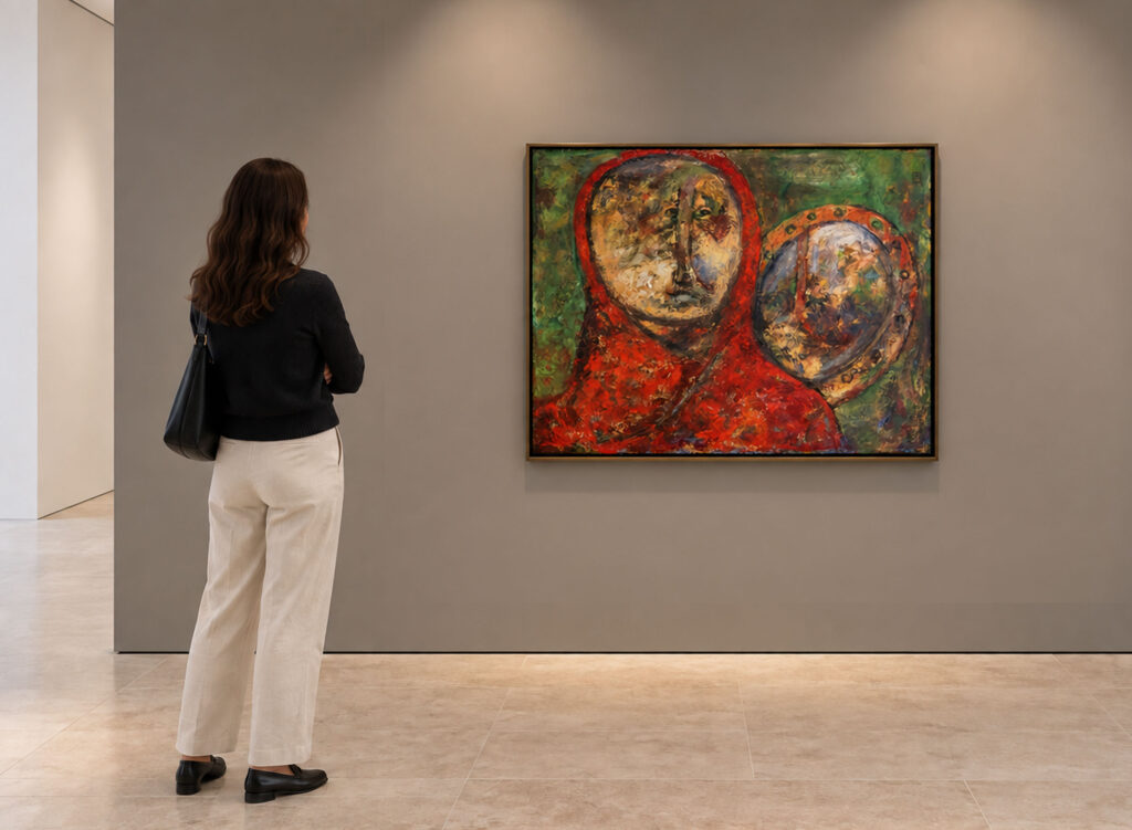 Filtering This by Paul Cavilla shown on a gallery wall with a spectator for scale, a display visualization