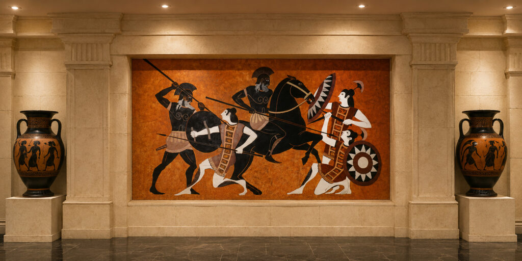 Greek-themed banquet hall with murals by Paul Cavilla set within classical architectural surrounds