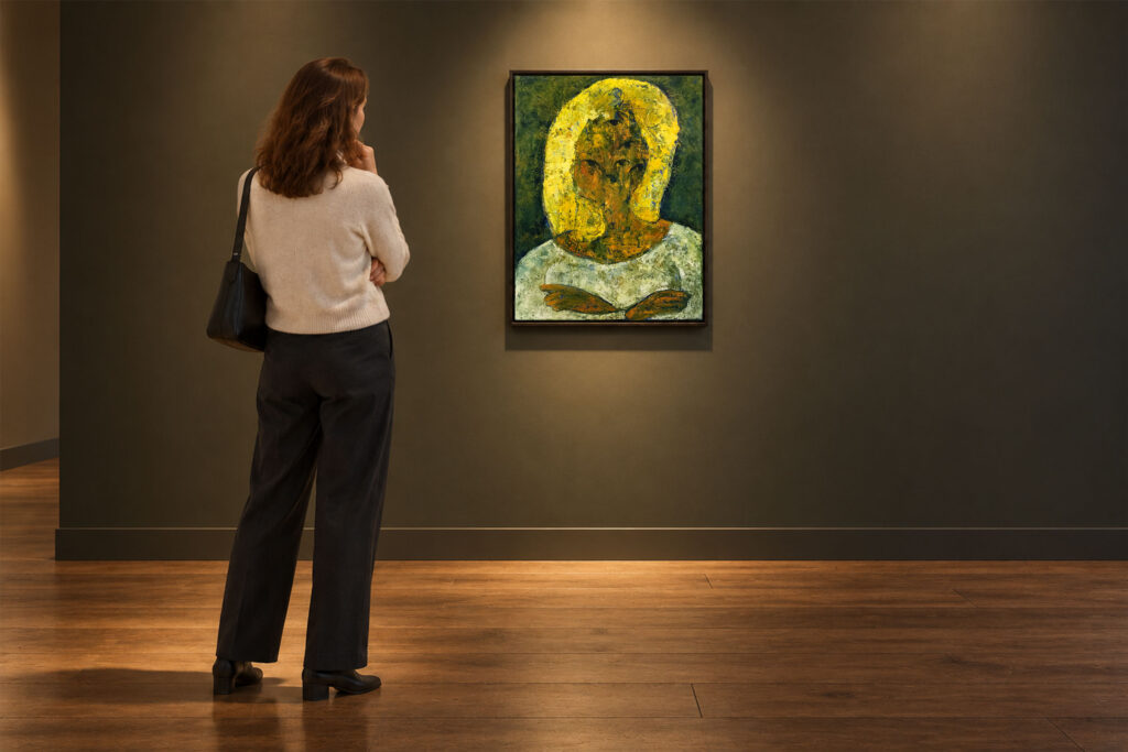 Gallery visualization of Greta by Paul Cavilla on a lit feature wall, with a visitor observing the painting for scale