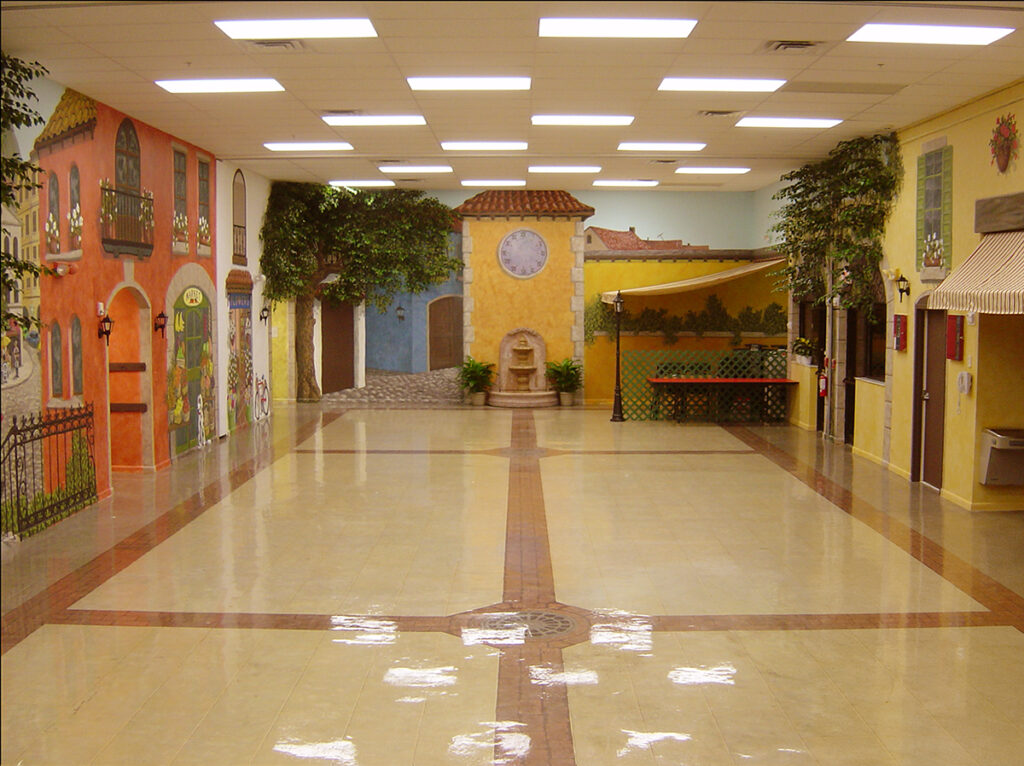 Painted European village environment created inside Ideal Elementary School