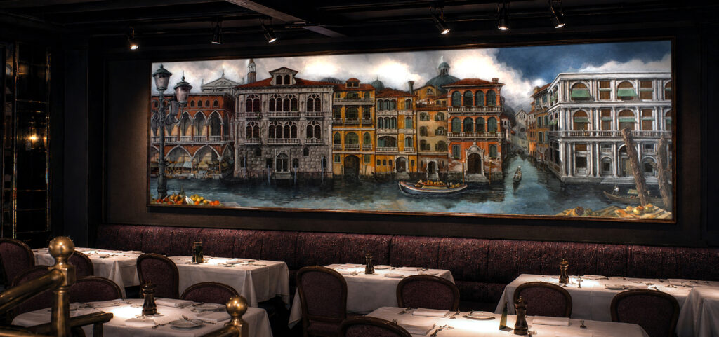 Ristorante L’Avventura dining room with Paul Cavilla’s 24-foot Venetian waterfront mural
