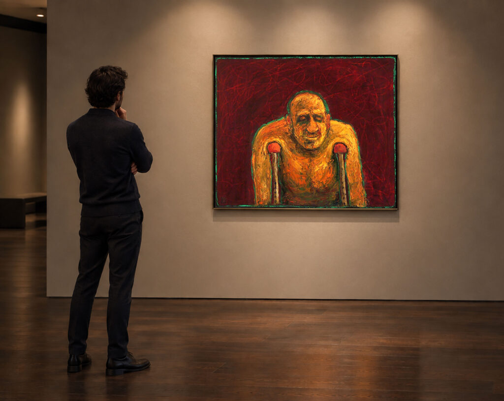 Man on Crutches by Paul Cavilla shown on a gallery wall above dark hardwood flooring, with a spectator for scale, a display visualization