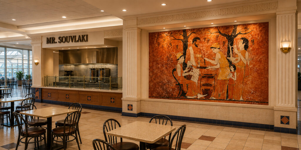 Ancient-Greek-inspired restaurant mural by Paul Cavilla installed at Mr. Souvlaki in Toronto