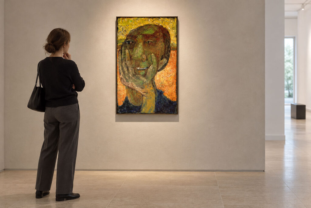 Smiling Man by Paul Cavilla shown on a gallery wall with a viewer for scale, a display visualization