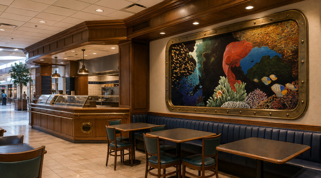 Underwater mural by Paul Cavilla installed inside a ship’s-porthole-style surround at The Submarine Shop