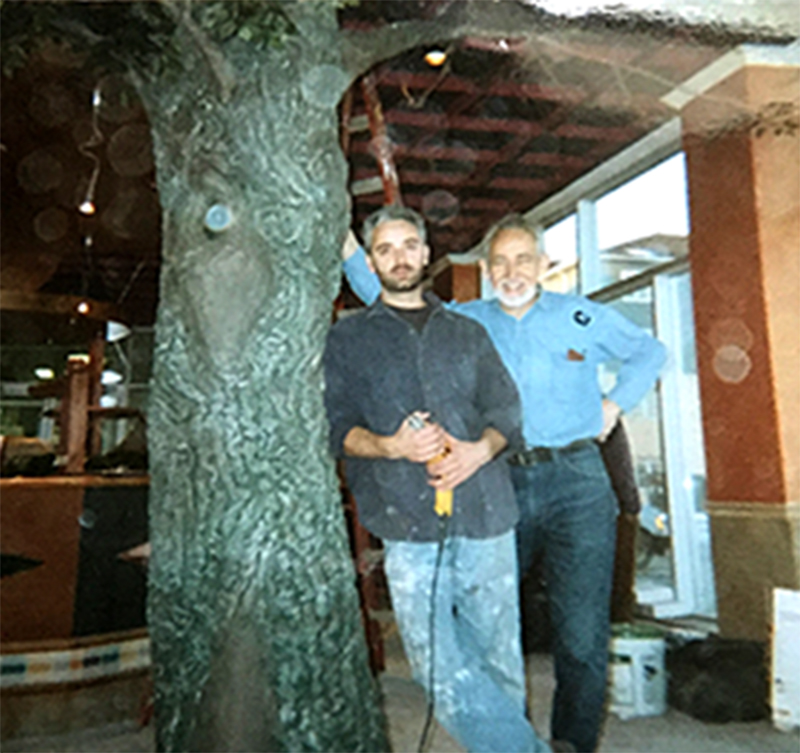 Pine-and-wire armature during construction of one of Paul Cavilla’s café tree sculptures