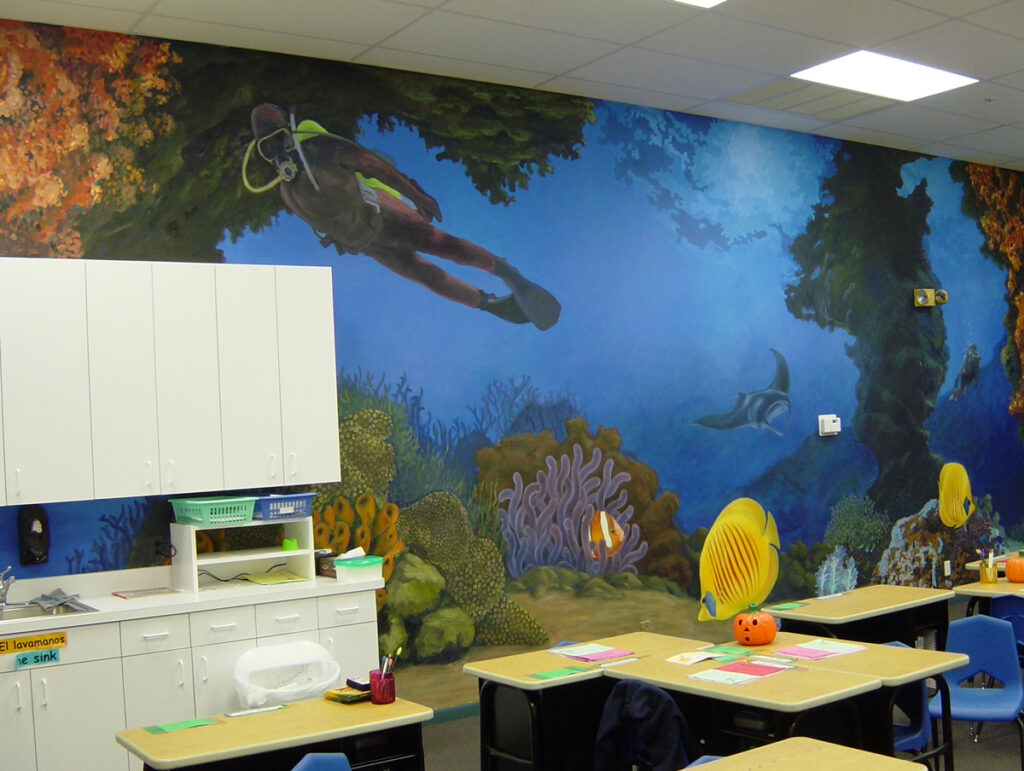 Underwater classroom mural created for Ideal Elementary School